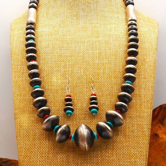Unsigned Jewelry - Native American Navajo Turquoise Silver Pearls Spiney Oyster Necklace & Earrings